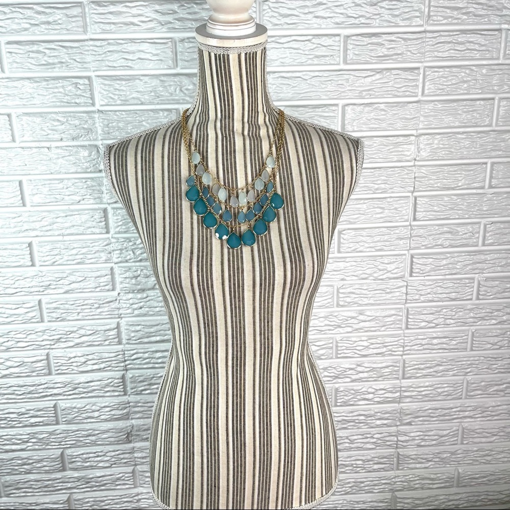 Tear Drop Layered Tiered Statement Bib Necklace Light Blue Teal Gold Tone Chain - Picture 2 of 4